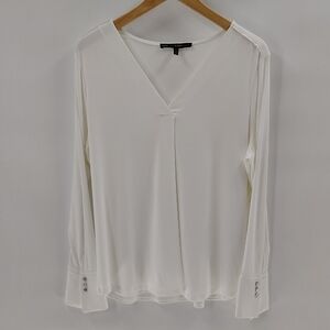 White House Black Market WHBM Blouse Sz XL White V Neck Long Sleeve Button Cuff